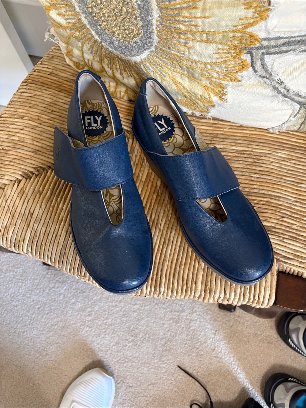 Fly London Navy Blue Leather Mary Jane Slip-Ons